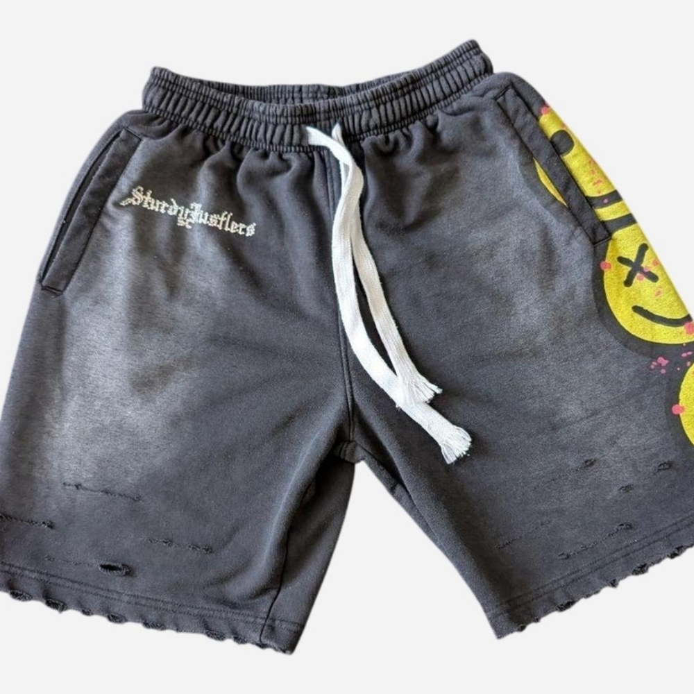 Sturdy Hustlers ALLHUSTLENOLUCK Distressed Rhinestone Smiley Shorts XXL Street image 3